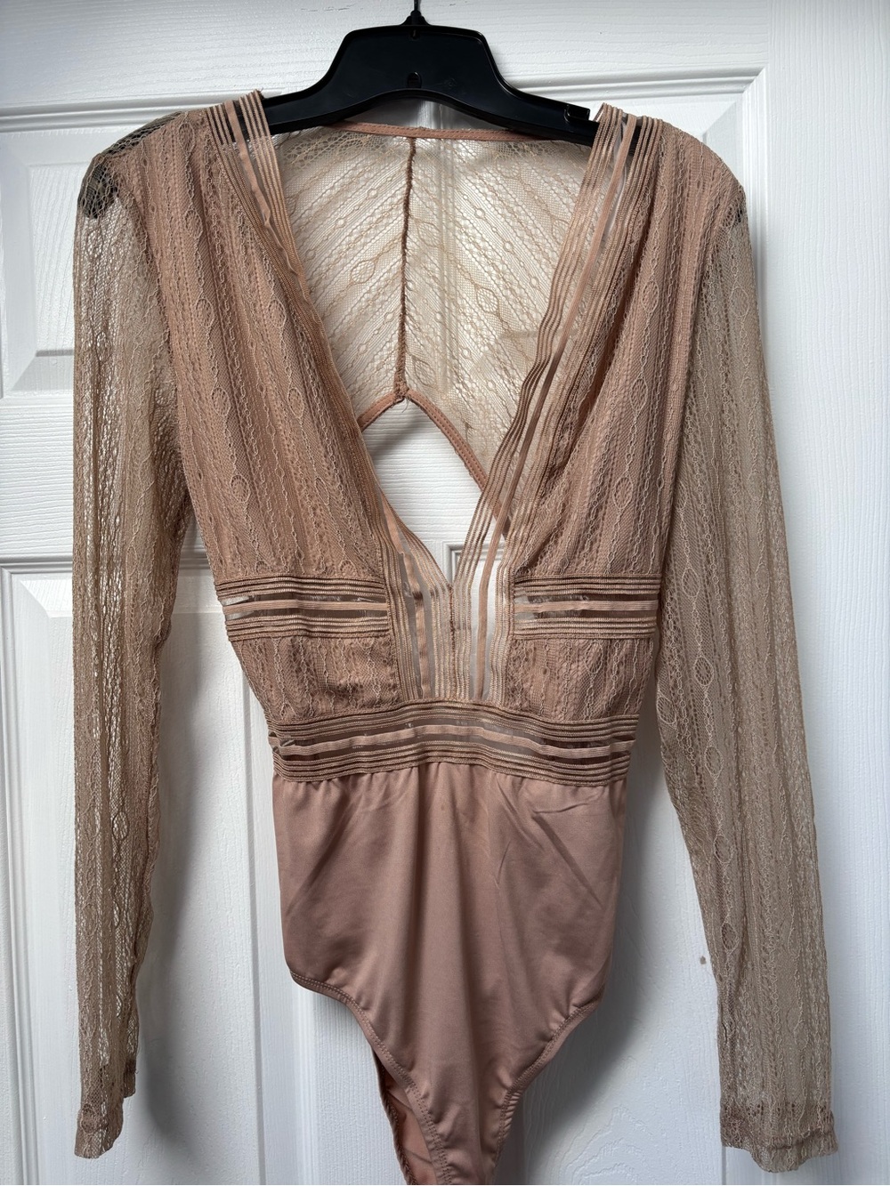 Lulu's Blush Lace V-Neck Long Sleeve Bodysuit
